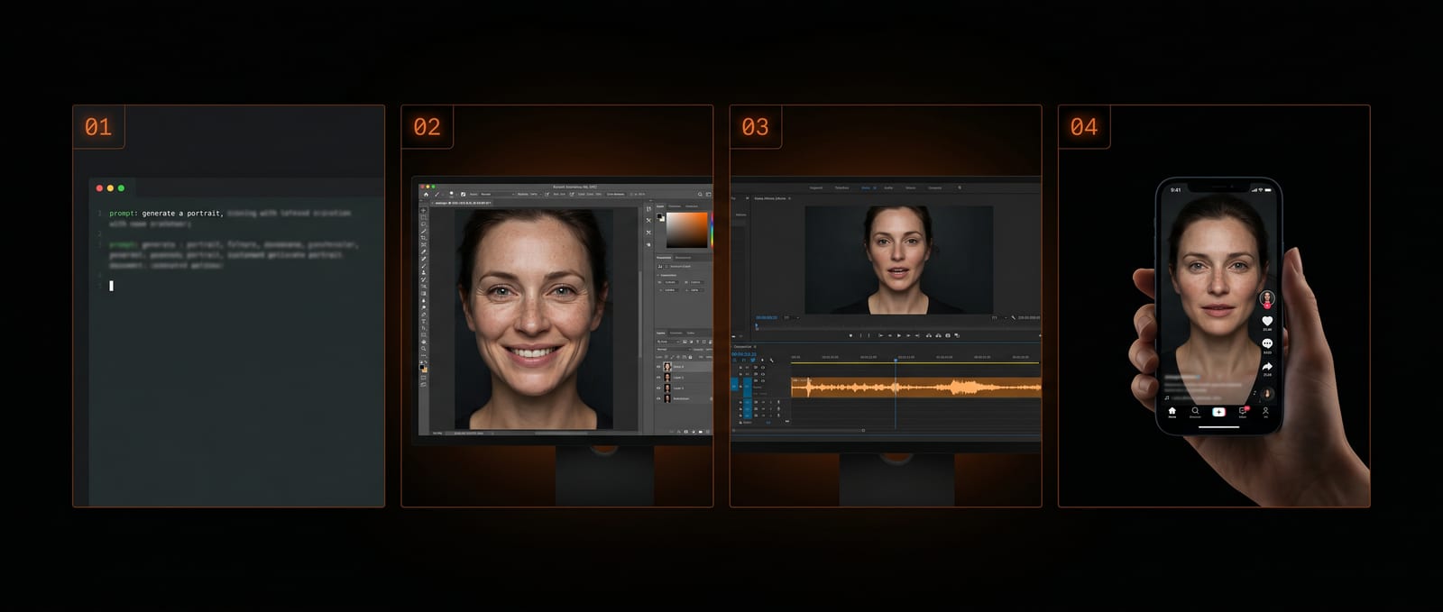 The four stages: prompt, generated face, edit with voice, published reel