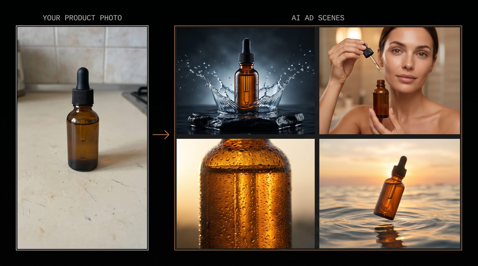 One plain product photo turned into four finished AI ad scenes