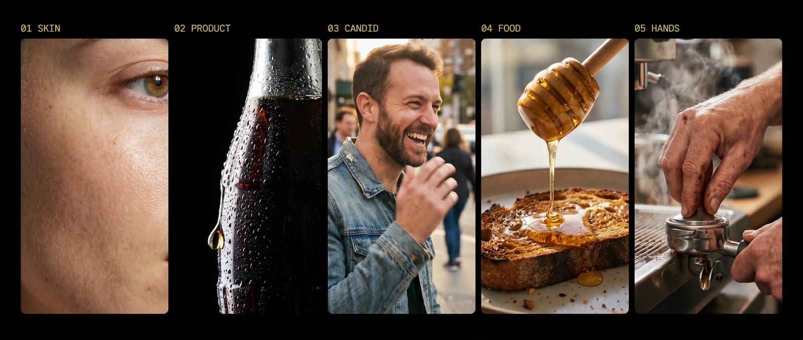 Five hyperreal AI frames: macro skin, product condensation, a candid laugh, food, working hands