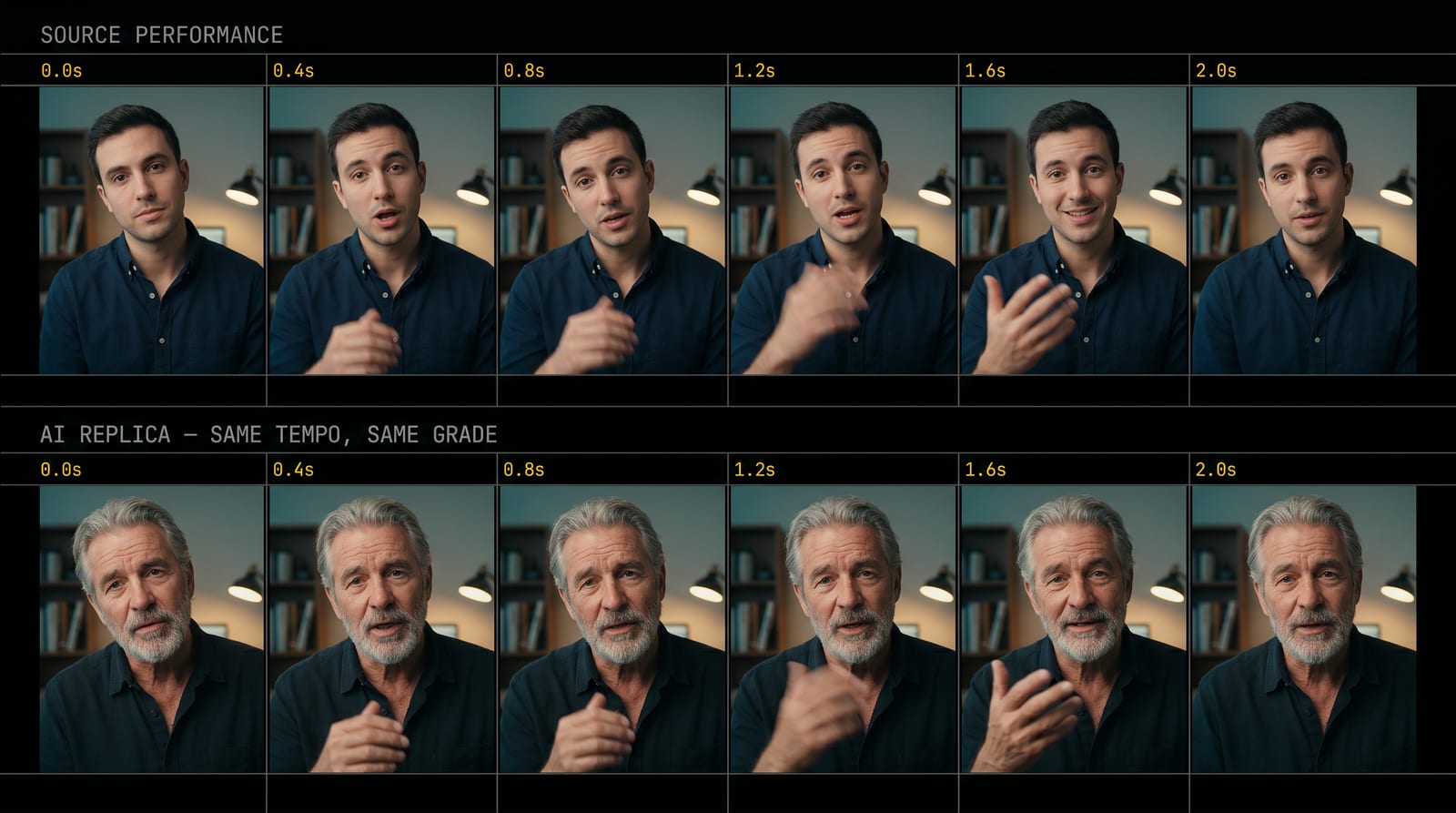 Frame-by-frame breakdown: a source performance and its AI replica hitting the same tempo